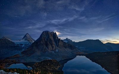mountain lake, forest, mountain landscape, stars, Canada