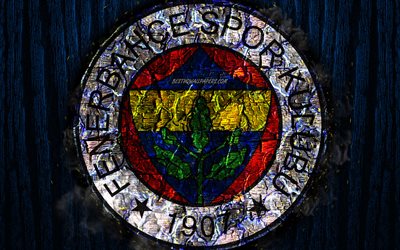 Fenerbahce FC, scorched logo, Super Lig, blue wooden background, turkish football club, grunge, Fenerbahce SK, football, soccer, Fenerbahce logo, fire texture, Turkey