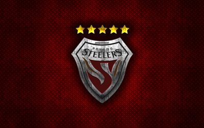 FC Pohang Steelers, South Korean football club, red metal texture, metal logo, emblem, Pohang, South Korea, K League 1, creative art, football