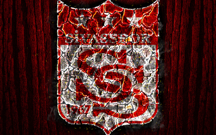Sivasspor FC, المحروقة شعار, الدوري الممتاز, الأحمر خلفية خشبية, التركي لكرة القدم, الجرونج, Sivasspor, كرة القدم, Sivasspor شعار, النار الملمس, تركيا