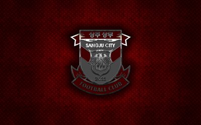 Sangju Sangmu FC, South Korean football club, red metal texture, metal logo, emblem, Sanju, South Korea, K League 1, creative art, football
