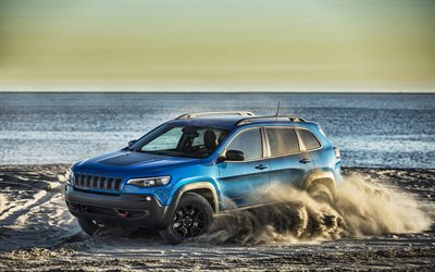 Jeep Cherokee, offroad, 2019 cars, SUVs, coast, blue Cherokee, american cars, Jeep
