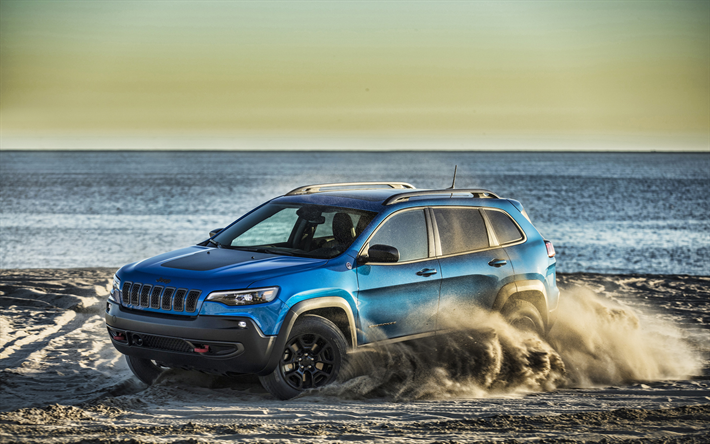 Jeep Cherokee, offroad, 2019 autot, Katumaasturit, rannikolla, sininen Cherokee, amerikkalaisten autojen, Jeep