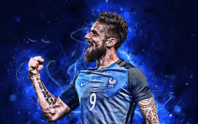 Olivier Giroud, FFF, close-up, France National Team, goal, fan art, Giroud, soccer, joy, abstract art, footballers, neon lights, French football team