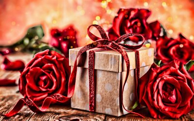 عيد الحب, 4k, 14 فبراير, هدية مربع, الورود الحمراء, ماكرو, مفهوم الحب, عيد الحب هدية, سانت عيد الحب