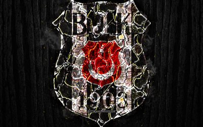 Besiktas FC, scorched logo, Super Lig, black wooden background, turkish football club, grunge, Besiktas JK, football, soccer, Besiktas logo, fire texture, Turkey, BJK