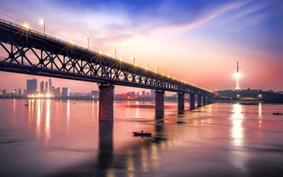 Wuhan Ensimm&#228;inen Jangtse Bridge, 4k, sunset, Wuhan Yangtze Suuri Silta, Jangtse, Wuhan, Kiina, Aasiassa