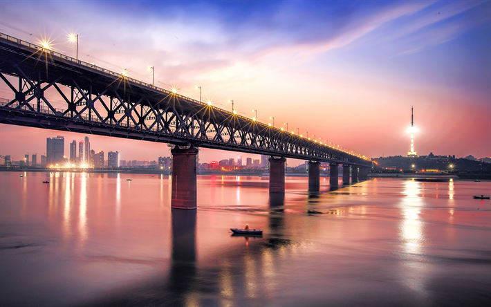 Download wallpapers Wuhan First Yangtze Bridge, 4k, sunset, The Wuhan