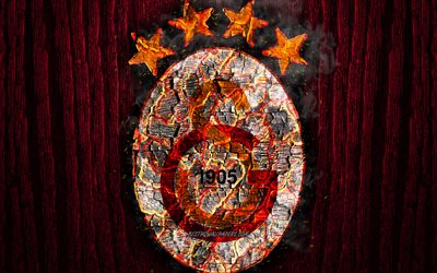 Galatasaray FC, bruciata logo, Super Lig, viola sfondo in legno, bagno turco football club, il grunge, il Galatasaray SK, calcio, Galatasaray logo, texture del fuoco, Turchia