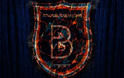 Istanbul Basaksehir FC, scorched logo, Super Lig, blue wooden background, turkish football club, grunge, Basaksehir, football, soccer, Istanbul Basaksehir logo, fire texture, Turkey
