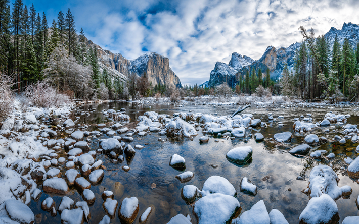 Yosemite Ulusal Parkı, dağ nehir, bahar, kar, dağ manzarası, ABD