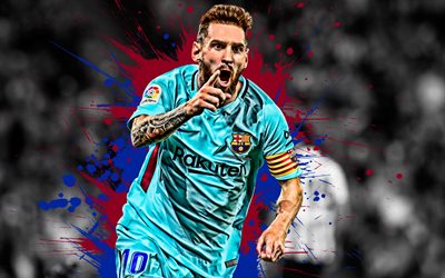 Lionel Messi, 4k, Argentinian football player, Barcelona FC, striker, captain, blue maroon paint splashes, creative art, La Liga, Spain, superstar, football, grunge, Messi