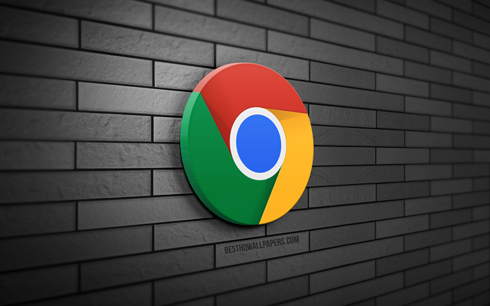 Google Chrome 3D logosu, 4K, gri tuğla duvar, kreatif, markalar, Google Chrome logosu, 3D sanat, Google Chrome