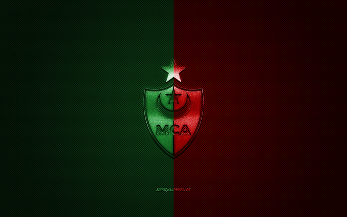 MC Alger, Cezayir Futbol Kul&#252;b&#252;, yeşil, kırmızı logo, kırmızı karbon fiber arka plan, 1 Lig Professionnelle, futbol, Cezayir, MC Alger logosu