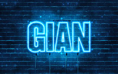 Gian, 4k, wallpapers with names, Gian name, blue neon lights, Gian Birthday, Happy Birthday Gian, popular italian male names, picture with Gian name