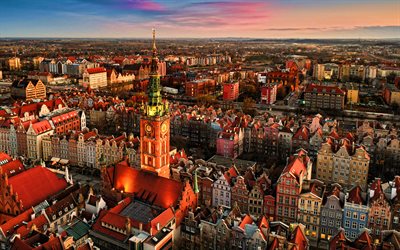 Gdask, 4k, sunset, skyline cityscapes, polish cities, clock tower, Poland, Europe, Gdask city hall, HDR