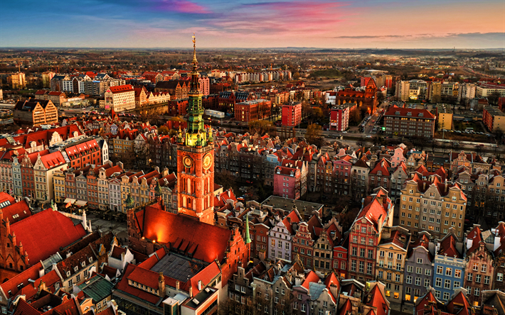 Gdask, 4k, le coucher du soleil, l&#39;horizon des paysages urbains, les villes polonaises, la tour de l&#39;horloge, la Pologne, l&#39;Europe, l&#39;h&#244;tel de ville de Gdask, HDR