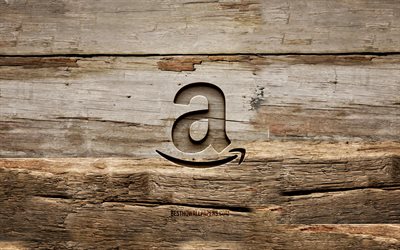 Amazon wooden logo, 4K, wooden backgrounds, brands, Amazon logo, creative, wood carving, Amazon