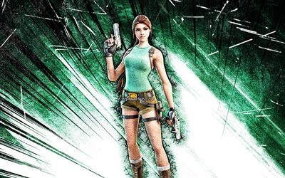4k, 25 Yıl D&#246;n&#252;m&#252; Varyantı Lara Croft, grunge sanat, Fortnite Battle Royale, Fortnite karakterleri, turkuaz soyut ışınlar, 25 Yıl D&#246;n&#252;m&#252; Varyantı Lara Croft Derisi, Fortnite, 25 Yıl D&#246;n&#252;m&#252; Varyantı Lara Croft F