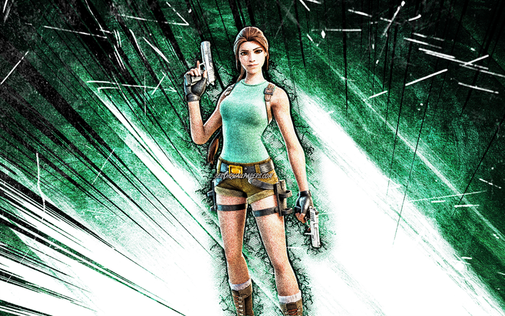 4k, variante 25&#176; anniversario Lara Croft, arte grunge, Fortnite Battle Royale, personaggi Fortnite, raggi astratti turchesi, variante 25&#176; anniversario Lara Croft Skin, Fortnite, variante 25&#176; anniversario Lara Croft Fortnite