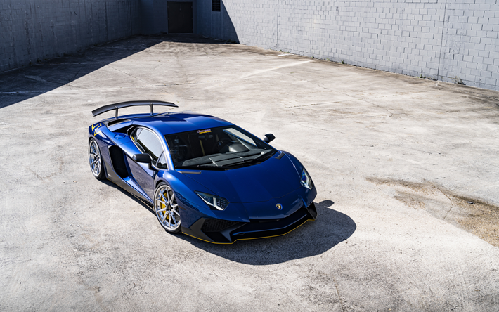 Lamborghini Aventador, vista frontal, exterior, azul supercarro, azul novo Aventador, ajuste Aventador, italiano de carros esportivos, Lamborghini