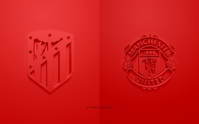 Atletico Madrid vs Manchester United, 2022, UEFA Champions League, Eighth-finals, 3D logos, red background, Champions League, football match, 2022 Champions League, Manchester United FC, Atletico Madrid