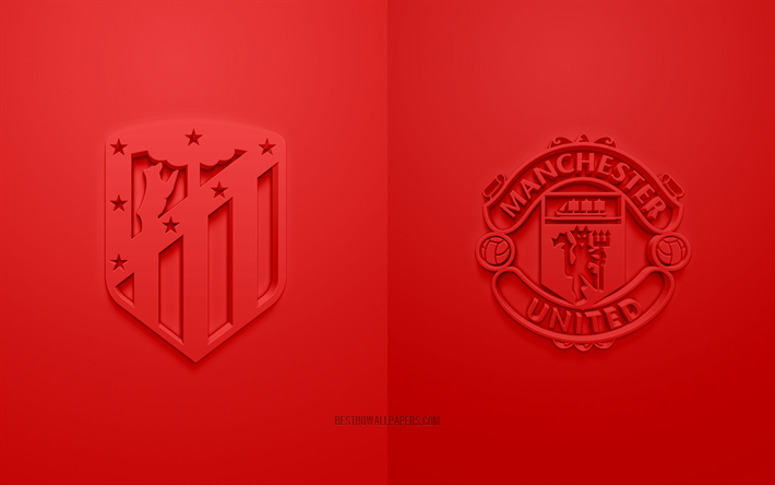Atletico Madrid vs Manchester United, 2022, UEFA Champions League, Eighth-finals, 3D logos, red background, Champions League, football match, 2022 Champions League, Manchester United FC, Atletico Madrid