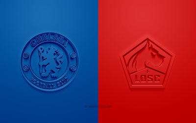 Chelsea FC vs LOSC Lille, 2022, Ligue des champions de l'UEFA, huitième de finale, logos 3D, fond bleu rouge, Ligue des champions, match de football, Ligue des champions 2022, Chelsea FC, LOSC Lille
