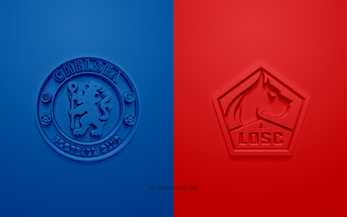 Chelsea FC vs LOSC Lille, 2022, Ligue des champions de l&#39;UEFA, huiti&#232;me de finale, logos 3D, fond bleu rouge, Ligue des champions, match de football, Ligue des champions 2022, Chelsea FC, LOSC Lille