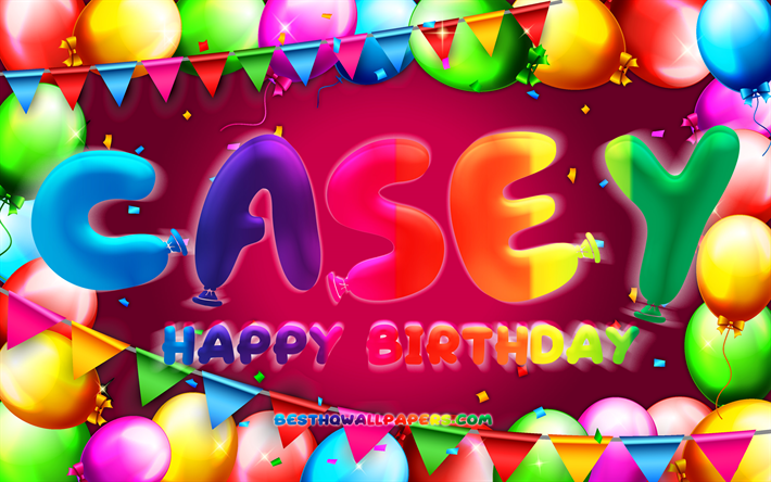 Buon compleanno Casey, 4k, cornice palloncino colorato, nome Casey, sfondo viola, buon compleanno Casey, compleanno Casey, nomi femminili americani popolari, concetto di compleanno, Casey