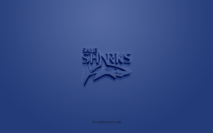 Sale Sharks, creative 3D logo, blue background, Premiership Rugby, 3d emblem, English rugby Club, England, 3d art, rugby, Sale Sharks 3d logo