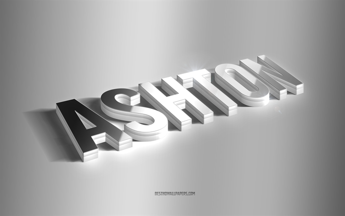 ashton, silberne 3d-kunst, grauer hintergrund, tapeten mit namen, ashton-name, ashton-gru&#223;karte, 3d-kunst, bild mit ashton-namen