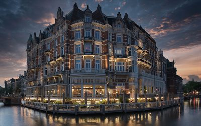 Amsterdam, Hotel De L&#39;Europe, evening, sunset, Amsterdam cityscape, Amsterdam hotels, Netherlands