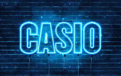 Casio, 4k, des fonds d&#39;&#233;cran avec des noms, le nom de Casio, des n&#233;ons bleus, Casio Anniversaire, Joyeux Anniversaire Casio, des noms masculins italiens populaires, une photo avec le nom de Casio