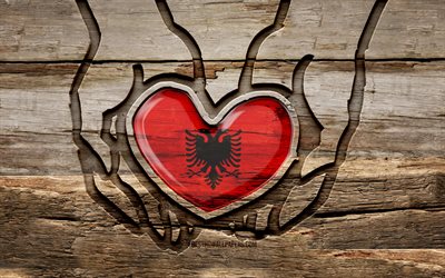 Me encanta Albania, 4K, manos talladas en madera, D&#237;a de Albania, Bandera de Albania, creativa, Bandera albanesa, Bandera de Albania en la mano, Cuidar Albania, Talla de madera, Europa, Albania