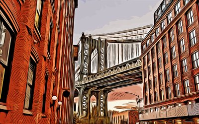 Manhattan Bridge, 4k, vector art, New York, Manhattan Bridge drawing, creative art, Manhattan Bridge art, vector drawing, abstract cityscapes, New York drawing, USA