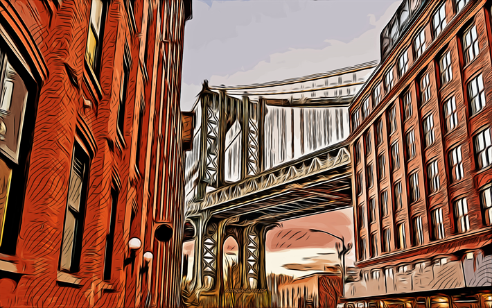 マンハッタン橋, 4k, ベクトルアート, New York, マンハッタン橋の図面, クリエイティブアート, マンハッタン橋アート, ベクトル描画, 抽象的な街並み, ニューヨークの絵, USA