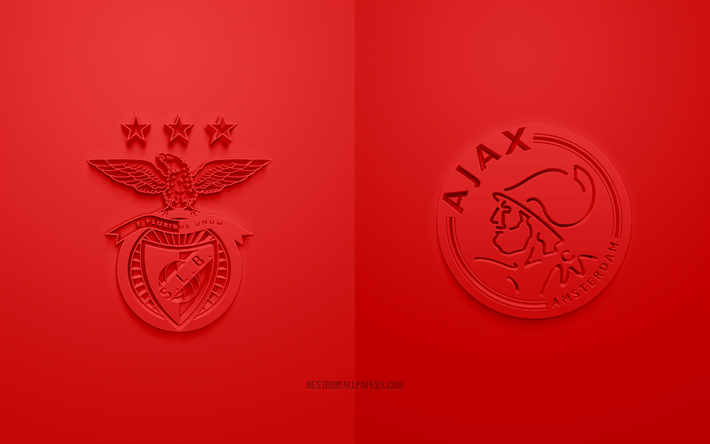 SL Benfica vs AFC Ajax, 2022, Ligue des champions de l'UEFA, Huitième de finale, logos 3D, fond rouge, Ligue des champions, match de football, Ligue des champions 2022, SL Benfica, AFC Ajax