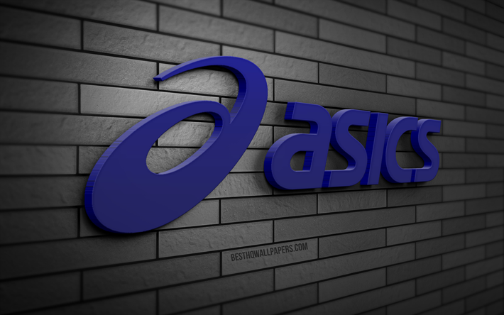 ASICS 3D logosu, 4K, gri brickwall, yaratıcı, markalar, ASICS logosu, 3D sanat, ASICS