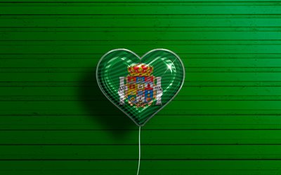 I Love Cadiz, 4k, realistic balloons, green wooden background, Day of Cadiz, spanish provinces, flag of Cadiz, Spain, balloon with flag, Provinces of Spain, Cadiz flag, Cadiz