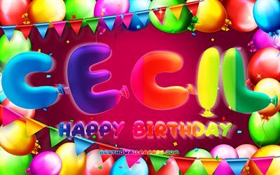 Happy Birthday Cecil, 4k, colorful balloon frame, Cecil name, purple background, Cecil Happy Birthday, Cecil Birthday, popular german female names, Birthday concept, Cecil