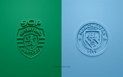 Sporting vs Manchester City, 2022, UEFA Şampiyonlar Ligi, Sekizinci Finaller, 3D logolar, mavi yeşil arka plan, Şampiyonlar Ligi, futbol ma&#231;ı, 2022 Şampiyonlar Ligi, Sporting, Manchester City FC