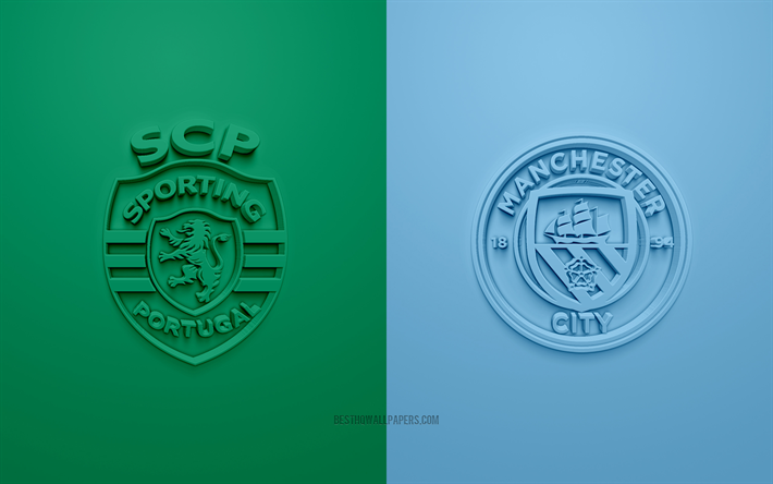 Sporting vs Manchester City, 2022, UEFA Champions League, Oitavas de final, Logotipos em 3D, fundo verde azul, Liga Dos Campe&#245;es, partida de futebol, 2022 Liga Dos Campe&#245;es, Sporting, O Manchester City FC