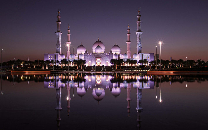 Şeyh Zayed Ulu Camii, Abu Dabi, gece, cami, Birleşik Arap Emirlikleri, Abu Dhabi Landmark