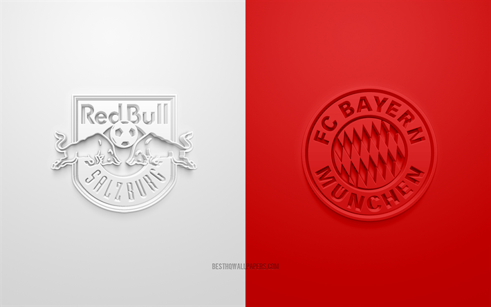 Red Bull Salzburg vs FC Bayern München, 2022, UEFA Champions League, Åttondelsfinal, 3D-logotyper, röd vit bakgrund, Champions League, fotbollsmatch, Champions League 2022, FC Bayern München, Red Bull Salzburg