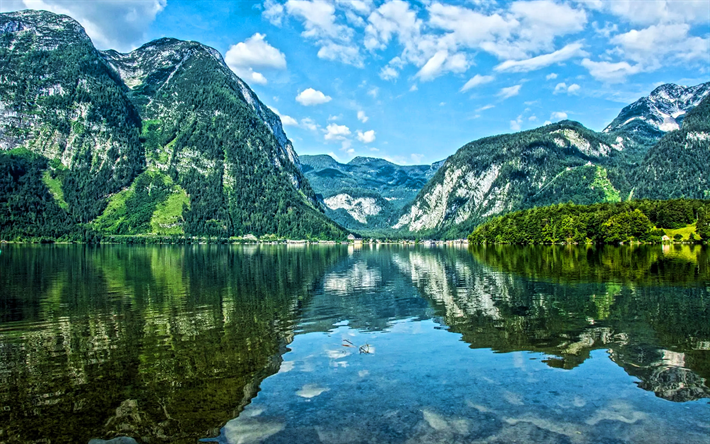 Lago Hallstatt, ver&#227;o, Alpes, montanhas, Obertraun, &#193;ustria, Hallstatter Ver, bela natureza, HDR, Europa, Hallstatt