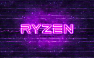 AMD Ryzen violet logo, 4k, violet brickwall, AMD Ryzen logo, marques, AMD Ryzen n&#233;on logo, AMD Ryzen