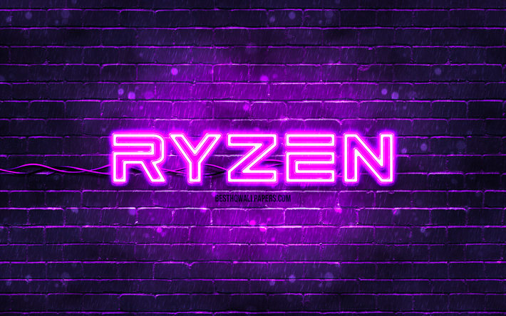 AMD Ryzen violet logo, 4k, violet brickwall, AMD Ryzen logo, brands, AMD Ryzen neon logo, AMD Ryzen