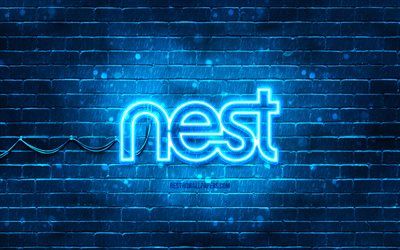 Google Nest blue logo, 4k, blue brickwall, Google Nest logo, brands, Google Nest neon logo, Google Nest