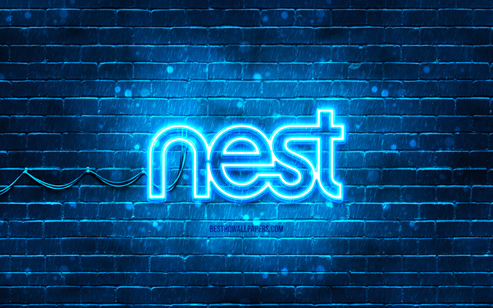 Google Nest sininen logo, 4k, sininen tiilisein&#228;, Google Nest logo, tuotemerkit, Google Nest neon logo, Google Nest